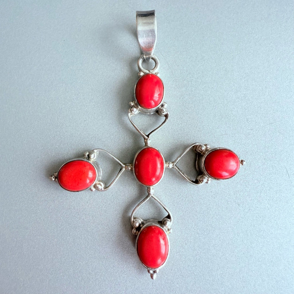 Jewelry - Artisan Large Cross Sterling Silver 925 Heart Red Coral Gemstone 3" Pendant